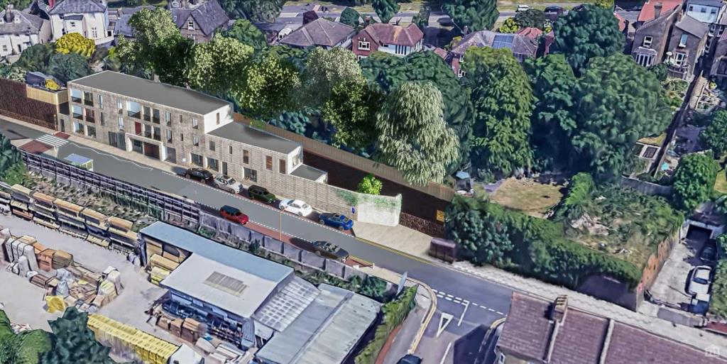 Lot: 77 - PLANNING FOR EIGHT FLATS - FIVE ONE-BEDROOM AND THREE TWO-BEDROOM - CGI - Aerial View